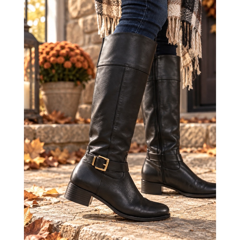 Banana Republic Black Leather Riding Boots Women's 9M Gold Buckle Knee High